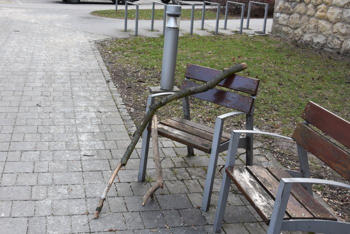 Suché konáre padli na lavičku pri nemocnici